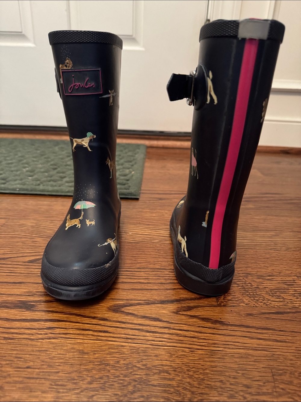 Joules Navy Kids Rain Boots with Dog and Pink Stripe